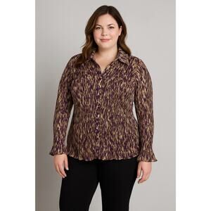 2/$30 CJ Banks Y2K Pleated Peplum Button Up Shirt Multi Printed Women's Plus 3X